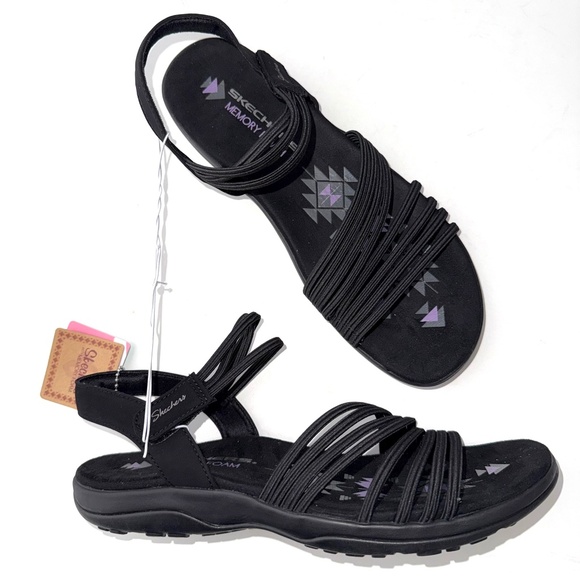 SKECHERS New $60 Womens 11 Black Reggae Strappy Flat Stretch Sandals Box 10B - Picture 1 of 7
